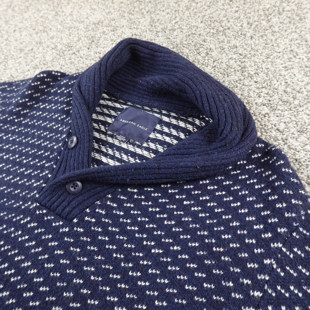 American Eagle Sweater Mens M Blue Birdseye Shawl Collar Henley Pullover Knit
